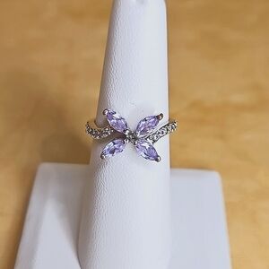 Silver-Plated Amethyst Flower Ring with Rhinestones Size 7